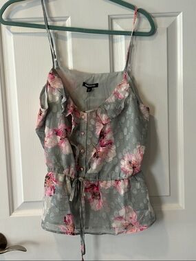 Express Gray Floral Ruffle Tie-Waist Cami with Pink Accents